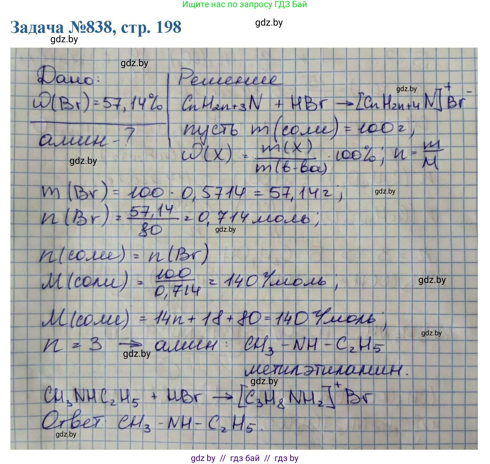 Химия, 10 класс Сборник задач, авторы: Матулис Вадим Эдвардович, Матулис Виталий Эдвардович, Колевич Татьяна Александровна, издательство Национальный институт образования, Минск, 2021, страница 198, номер 838, Решение