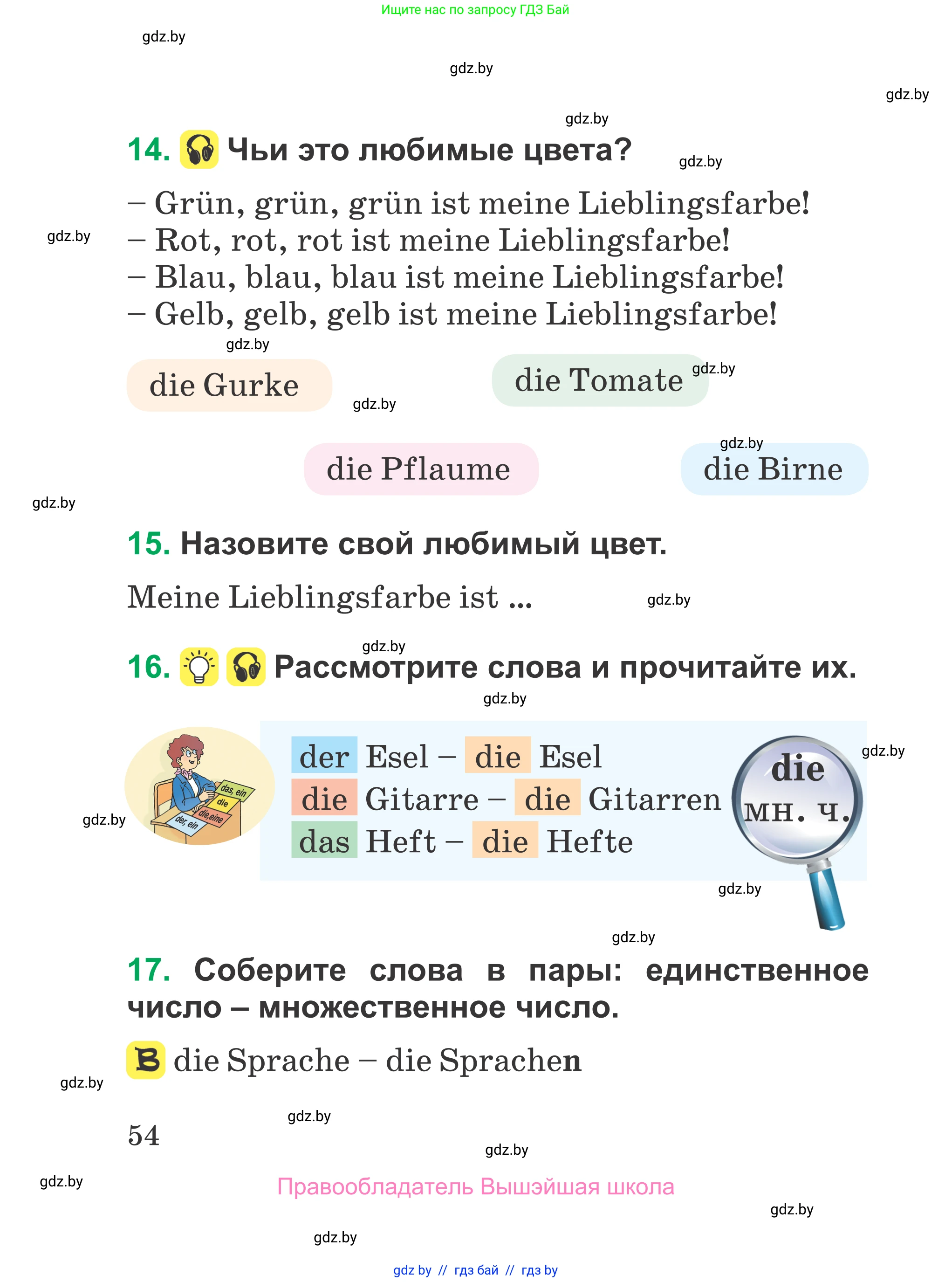 Немецкий язык (Deutsch), 3 класс Учебник (Schülerbuch), авторы: Будько Антонина Филипповна (Budjko Antonina), Урбанович Инна Ювинальевна (Urbanowitsch Ina), издательство Вышэйшая школа, Минск, 2018, бирюзового цвета, Часть 1, страница 54