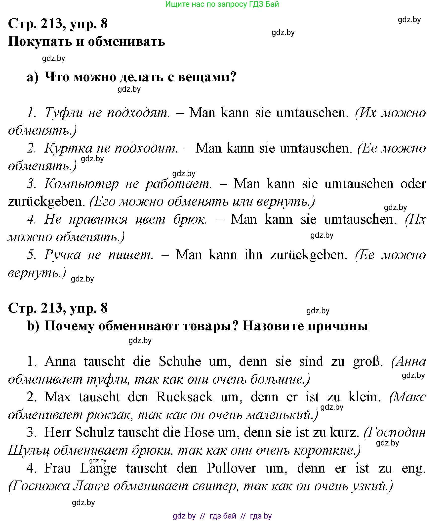 Немецкий язык (Deutsch), 7 класс Учебник (Schülerbuch), авторы: Будько Антонина Филипповна (Budjko Antonina), Урбанович Инна Ювинальевна (Urbanowitsch Ina), издательство Вышэйшая школа, Минск, 2021, страница 213, номер 8, Решение