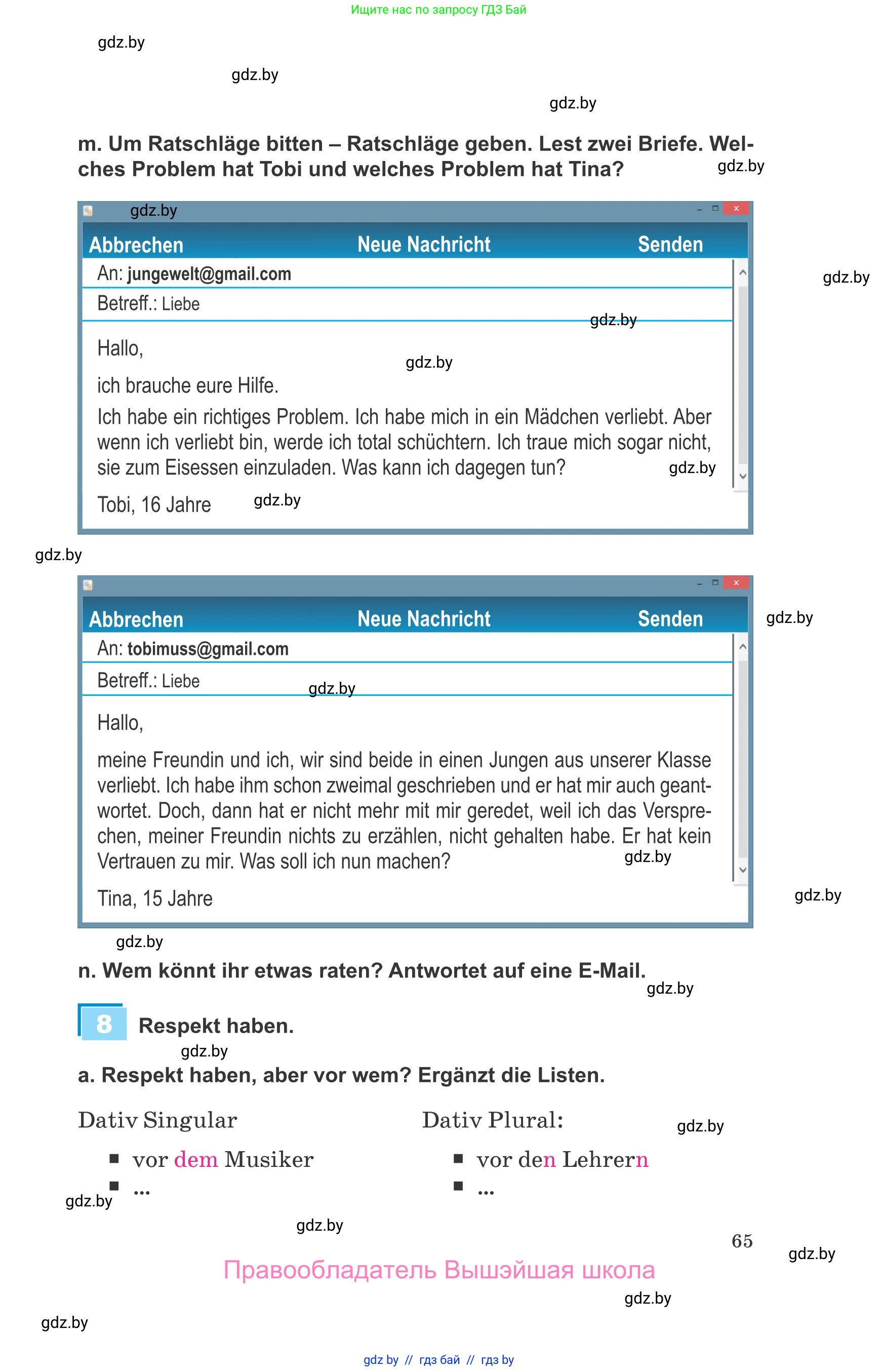 Немецкий язык (Deutsch), 9 класс Учебник (Schülerbuch), авторы: Будько Антонина Филипповна (Budjko Antonina), Урбанович Инна Ювинальевна (Urbanowitsch Ina), издательство Вышэйшая школа, Минск, 2018, серого цвета, страница 65
