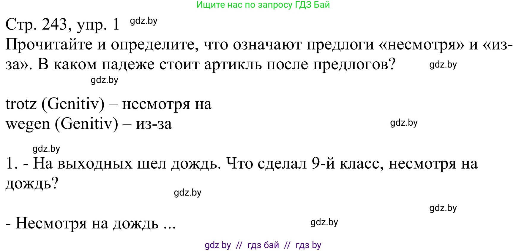 Немецкий язык (Deutsch), 9 класс Учебник (Schülerbuch), авторы: Будько Антонина Филипповна (Budjko Antonina), Урбанович Инна Ювинальевна (Urbanowitsch Ina), издательство Вышэйшая школа, Минск, 2018, серого цвета, страница 243, номер 1, Решение