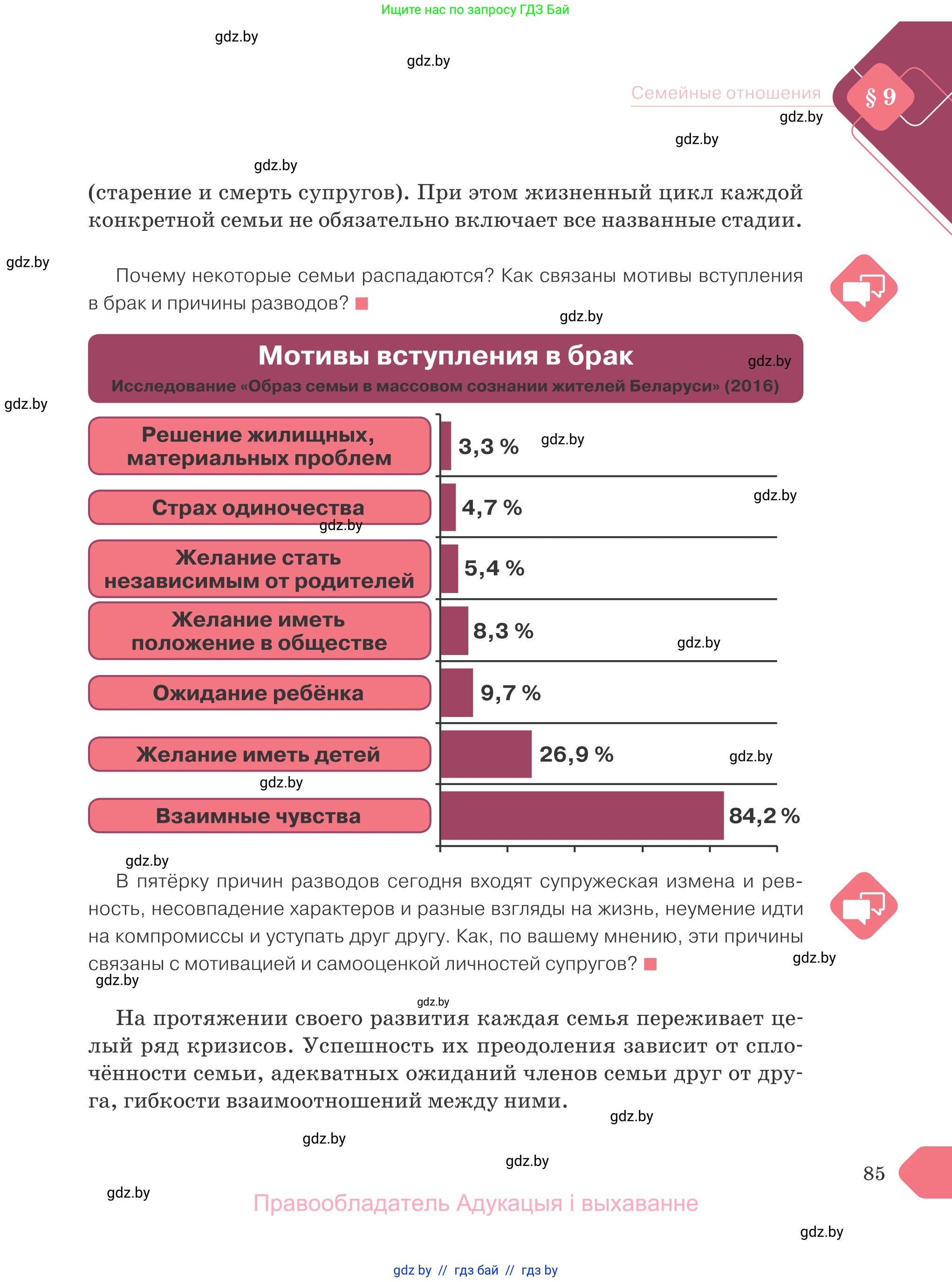 Обществоведение, 9 класс Учебник, авторы: Данилов Александр Николаевич, Полейко Елена Александровна, Кушнер Надежда Васильевна, Бернат Ирина Петровна, Белов А А, Кизима С А, Клецкова И М, Легчилин А А, Солодухо А С, Рубанов А В, издательство Адукацыя i выхаванне, Минск, 2019, жёлтого цвета, страница 85