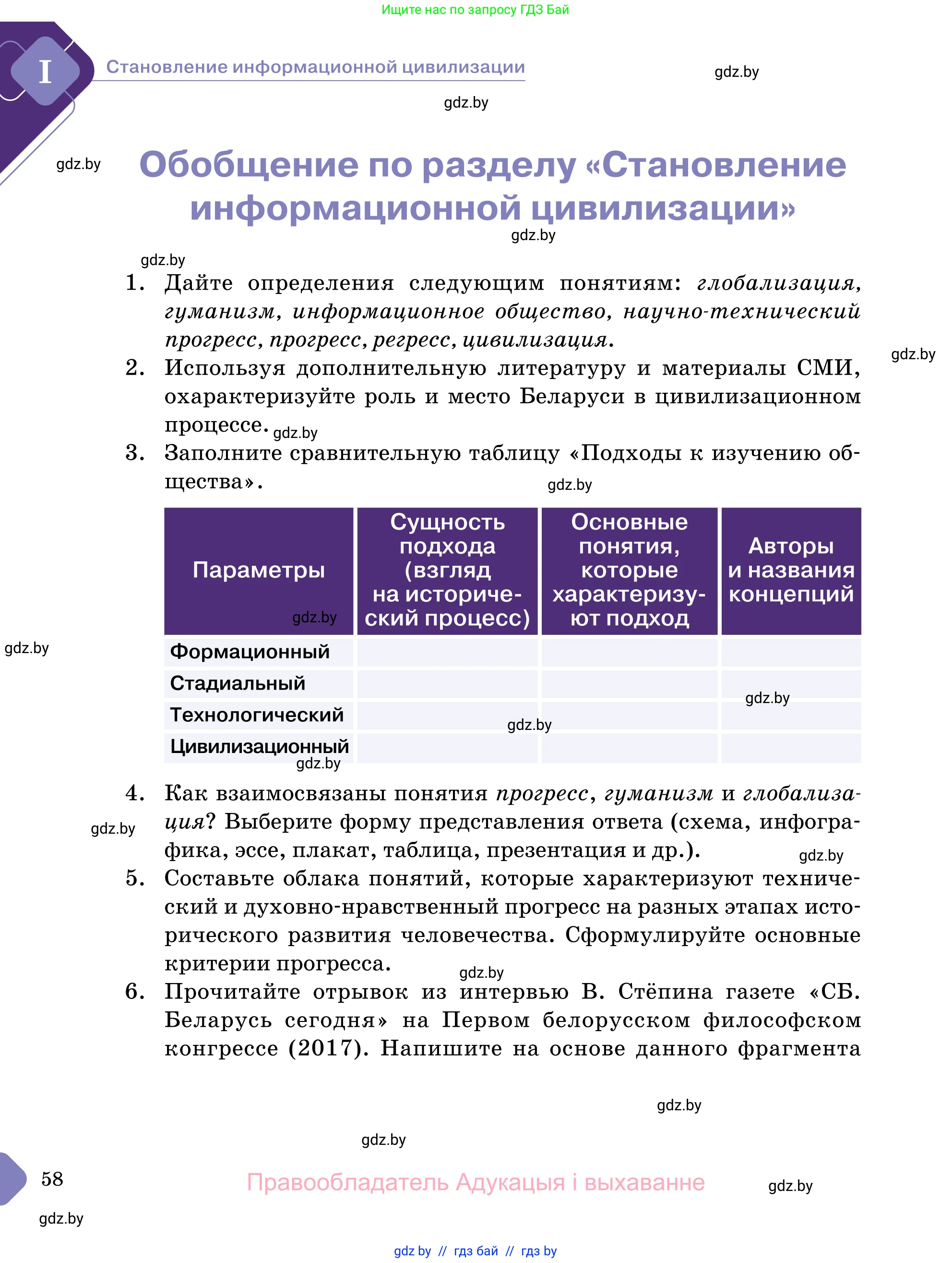 Обществоведение, 11 класс Учебник, авторы: Чуприс Ольга Ивановна, Балашенко Сергей Александрович, Денисюк Нина Павловна, Калинин С А, Киселёва Т М, Короткевич М П, Михалёва Т Н, Петоченко Т М, Побережная О Е, Подкопаев В В, Салей Е А, Шидловский А В, издательство Адукацыя i выхаванне, Минск, 2021, салатового цвета, страница 58
