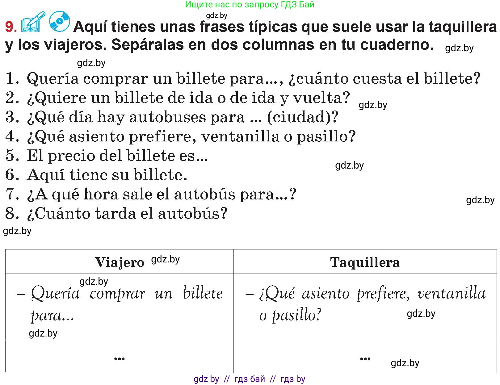 Испанский язык, 5 класс Учебник, авторы: Цыбулева Татьяна Эдуардовна, Пушкина Ольга Александровна, издательство Вышэйшая школа, Минск, 2017, оранжевого цвета, страница 54, номер 9, Условие