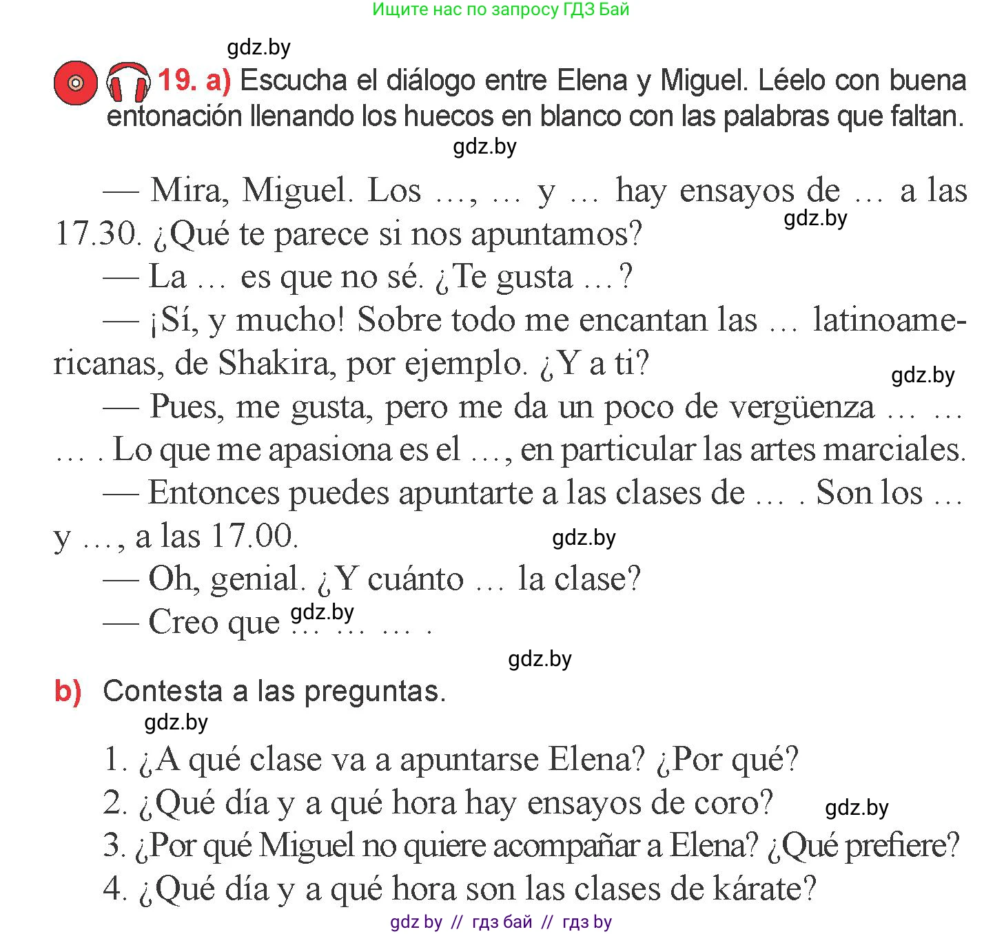 Испанский язык, 6 класс Учебник, авторы: Цыбулева Татьяна Эдуардовна, Пушкина Ольга Александровна, издательство Издательский центр БГУ, Минск, 2018, Часть 1, страница 59, номер 19, Условие