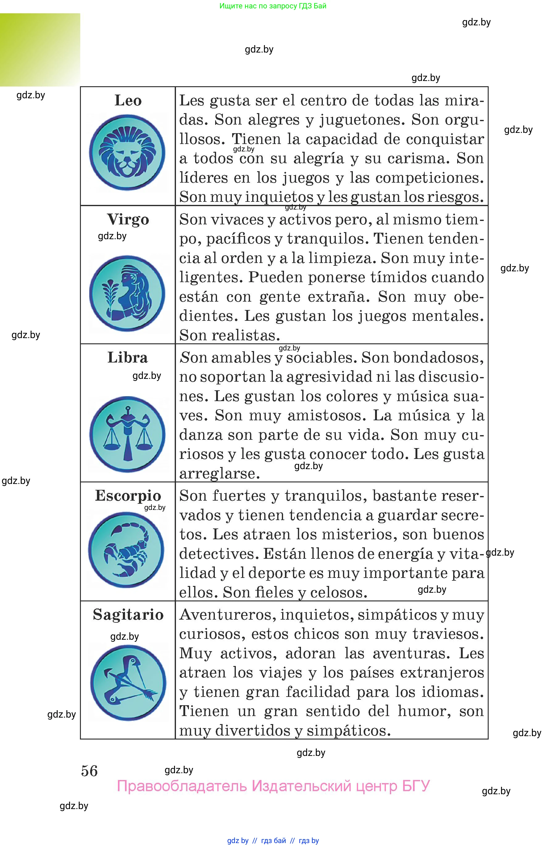 Испанский язык, 7 класс Учебник, авторы: Цыбулева Татьяна Эдуардовна, Пушкина Ольга Александровна, Карпиевич Галина Константиновна, издательство Издательский центр БГУ, Минск, 2019, бирюзового цвета, страница 56