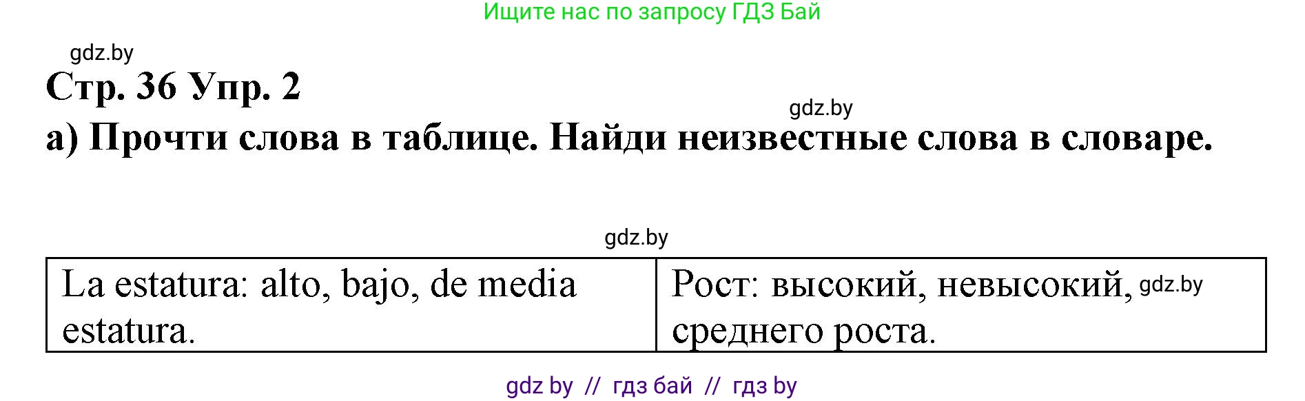 Испанский язык, 7 класс Учебник, авторы: Цыбулева Татьяна Эдуардовна, Пушкина Ольга Александровна, Карпиевич Галина Константиновна, издательство Издательский центр БГУ, Минск, 2019, бирюзового цвета, Часть 1, страница 36, номер 2, Решение