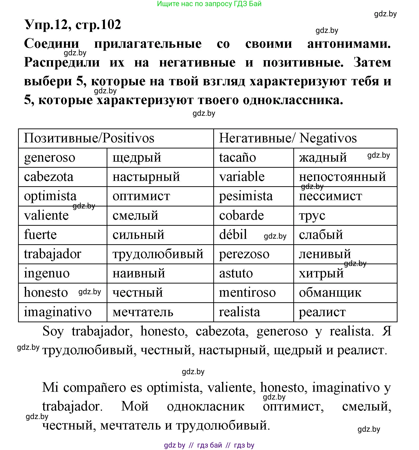 Испанский язык, 7 класс Учебник, автор: Гриневич Елена Карловна, издательство Вышэйшая школа, Минск, 2017, оранжевого цвета, страница 102, номер 12, Решение